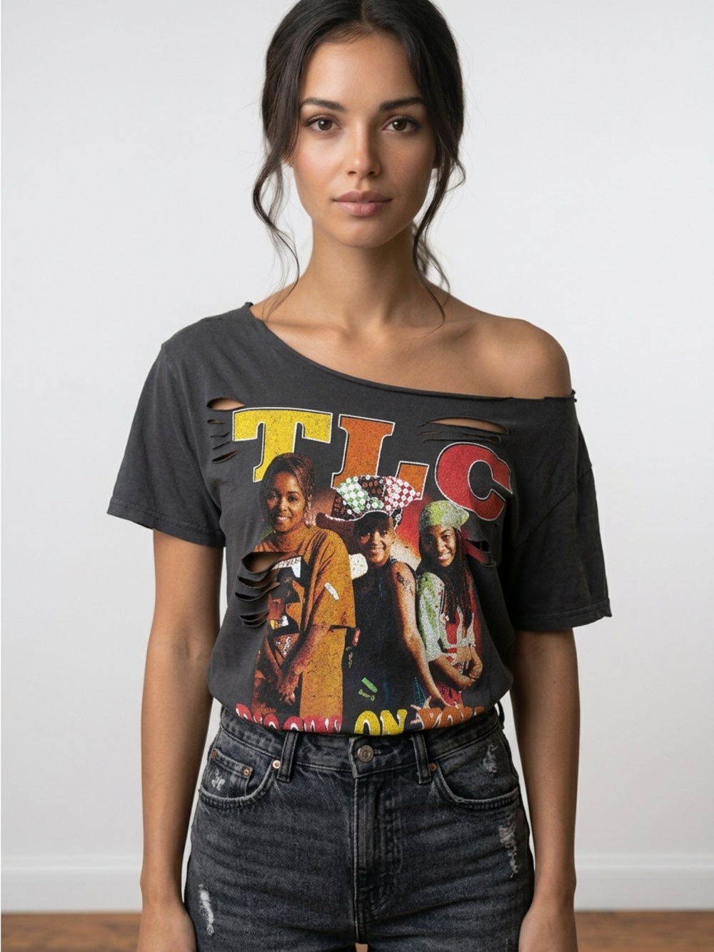 TLC Vintage-Inspired Black TLC Graphic Tee - Off-Shoulder size S